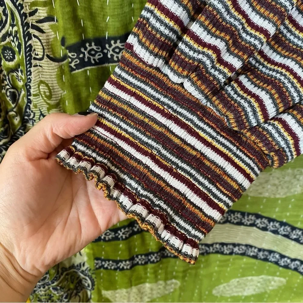 Anthropologie Multicolored Striped Smocked Puff-Sleeved Top Size Large